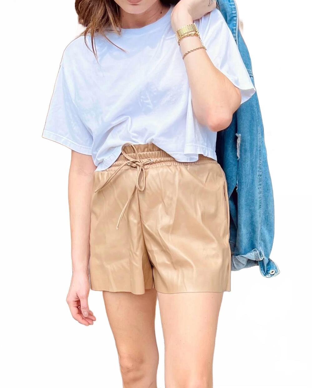 NEW IDEM DITTO a latte love faux leather shorts in beige